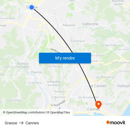 Grasse to Cannes map