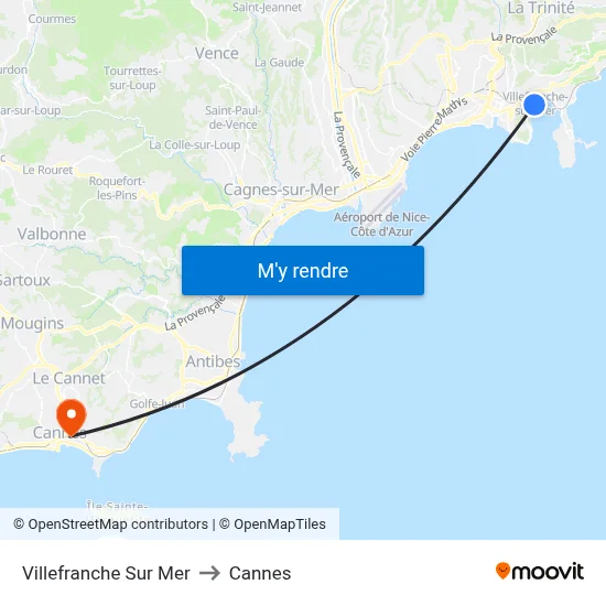 Villefranche Sur Mer to Cannes map