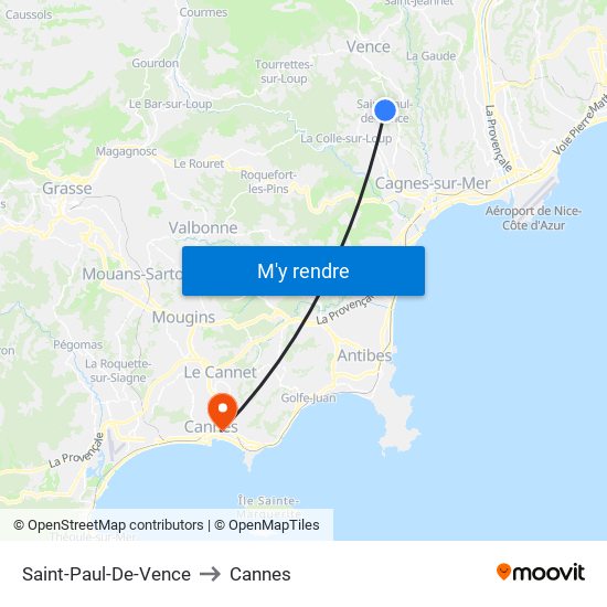 Saint-Paul-De-Vence to Cannes map
