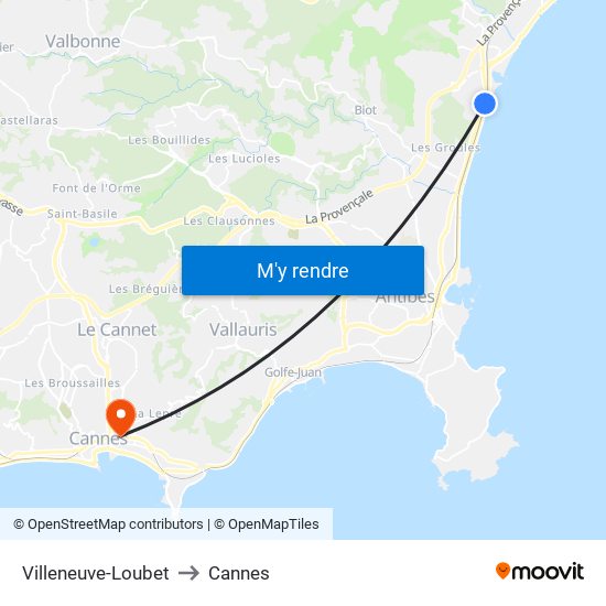 Villeneuve-Loubet to Cannes map