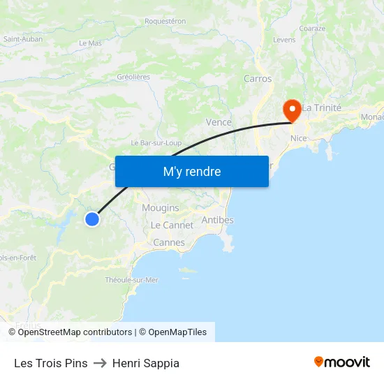 Les Trois Pins to Henri Sappia map
