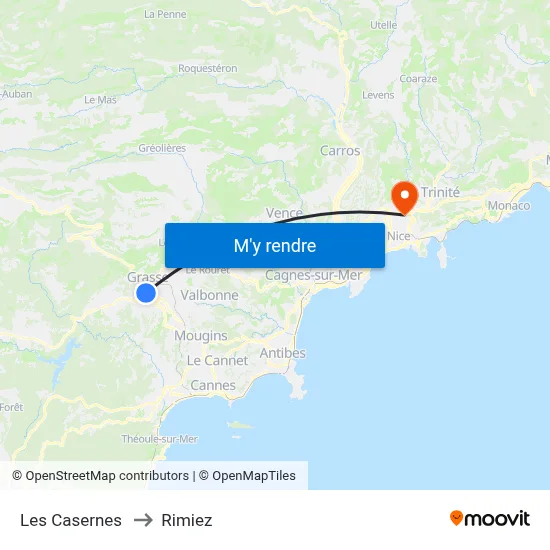 Les Casernes to Rimiez map