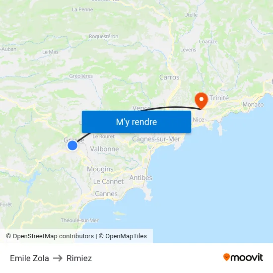 Emile Zola to Rimiez map
