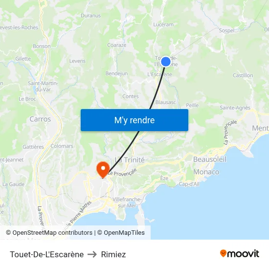 Touet-De-L'Escarène to Rimiez map