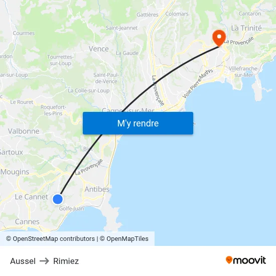 Aussel to Rimiez map