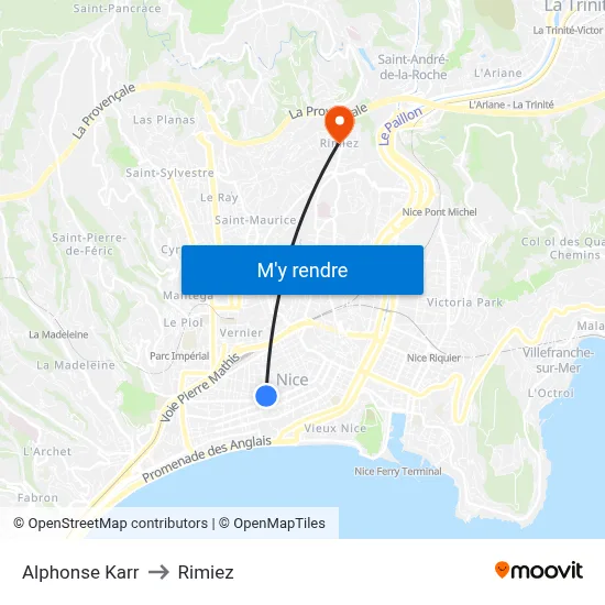Alphonse Karr to Rimiez map