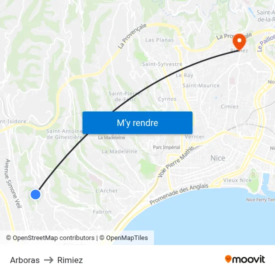 Arboras to Rimiez map