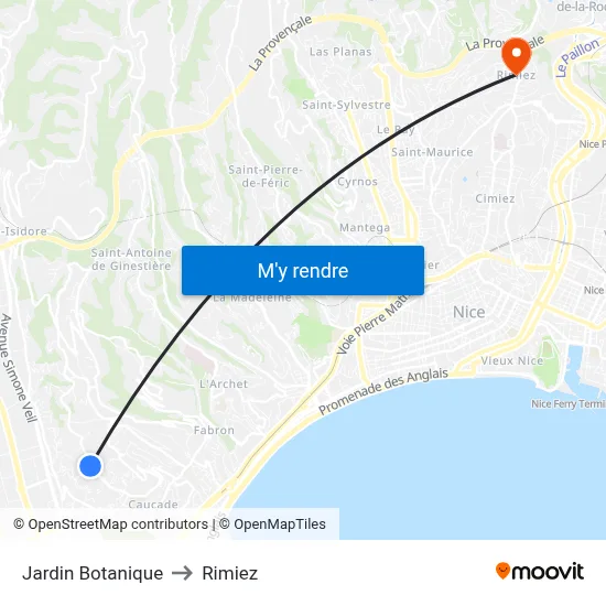 Jardin Botanique to Rimiez map