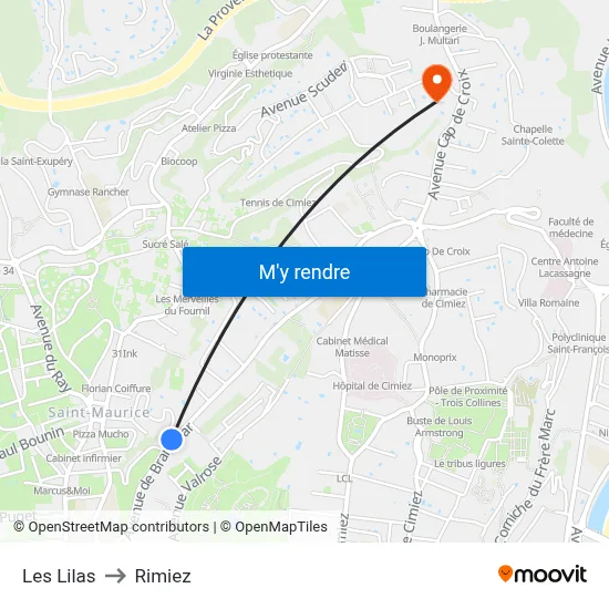 Les Lilas to Rimiez map