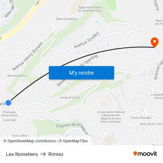 Les Noisetiers to Rimiez map