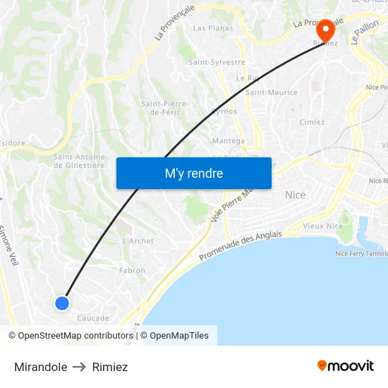 Mirandole to Rimiez map