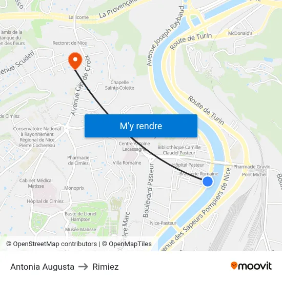 Antonia Augusta to Rimiez map