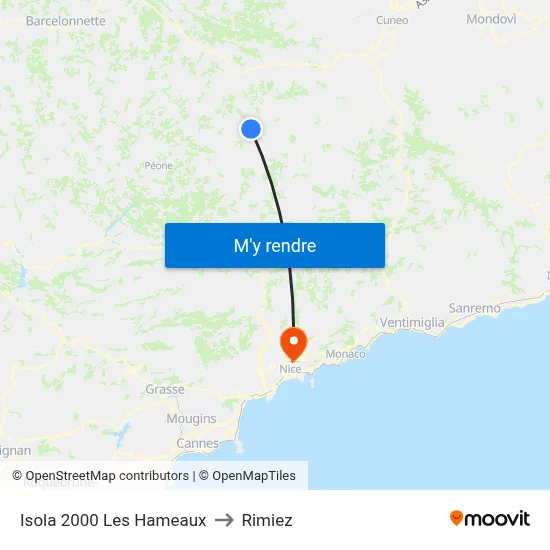 Isola 2000 Les Hameaux to Rimiez map
