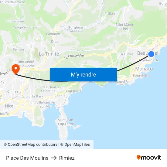 Place Des Moulins to Rimiez map
