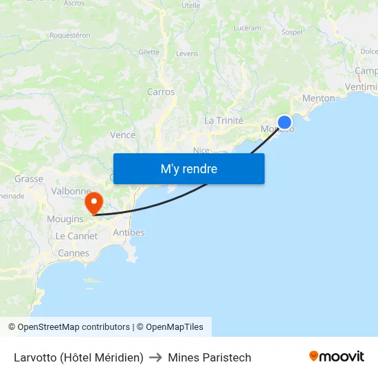 Larvotto (Hôtel Méridien) to Mines Paristech map