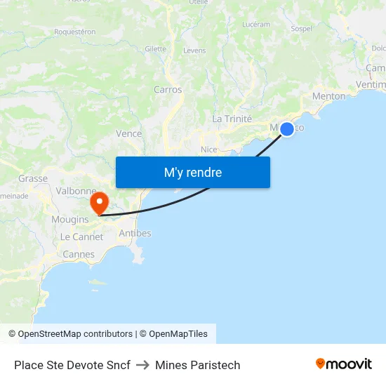 Place Ste Devote Sncf to Mines Paristech map