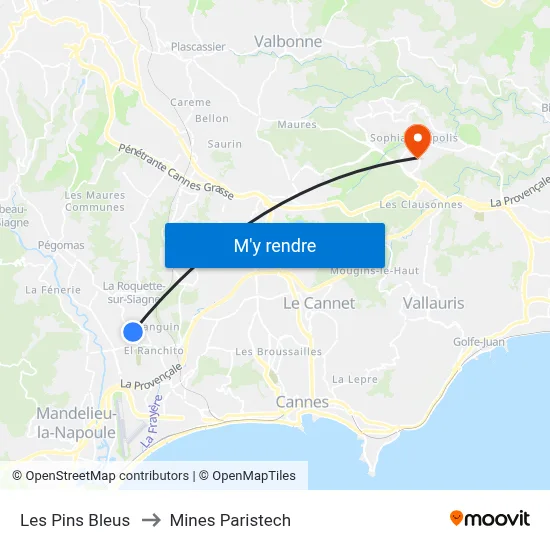 Les Pins Bleus to Mines Paristech map