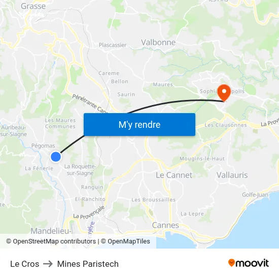 Le Cros to Mines Paristech map