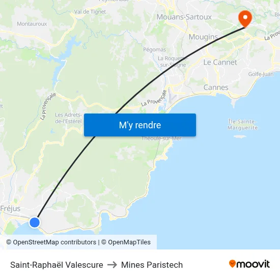 Saint-Raphaël Valescure to Mines Paristech map