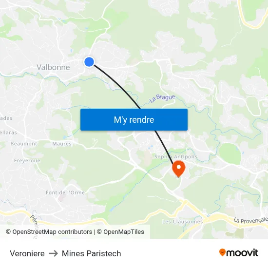 Veroniere to Mines Paristech map