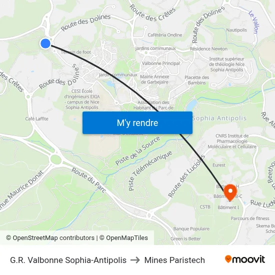 G.R. Valbonne Sophia-Antipolis to Mines Paristech map