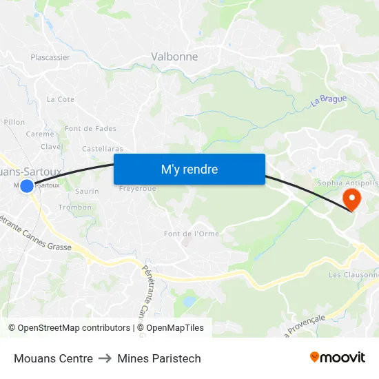 Mouans Centre to Mines Paristech map