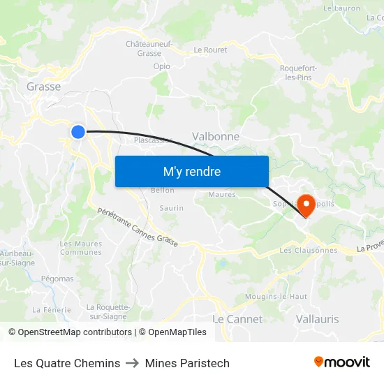 Les Quatre Chemins to Mines Paristech map