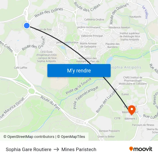 Sophia Gare Routiere to Mines Paristech map