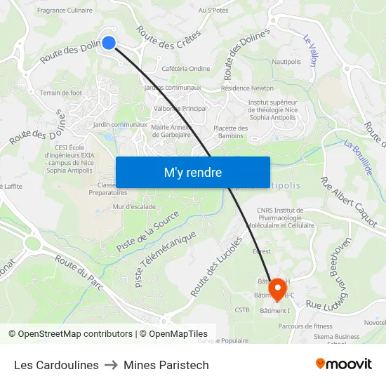 Les Cardoulines to Mines Paristech map