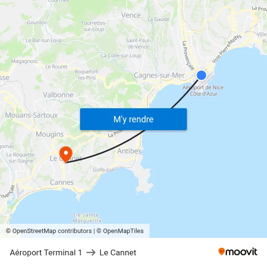 Aéroport Terminal 1 to Le Cannet map