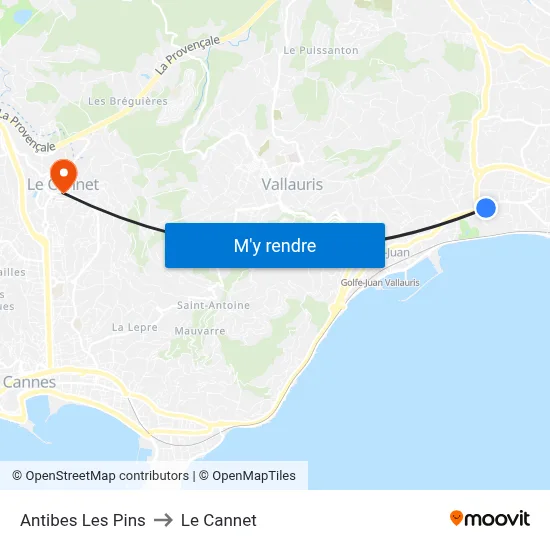 Antibes Les Pins to Le Cannet map