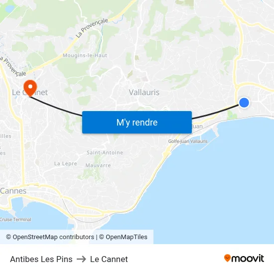 Antibes Les Pins to Le Cannet map