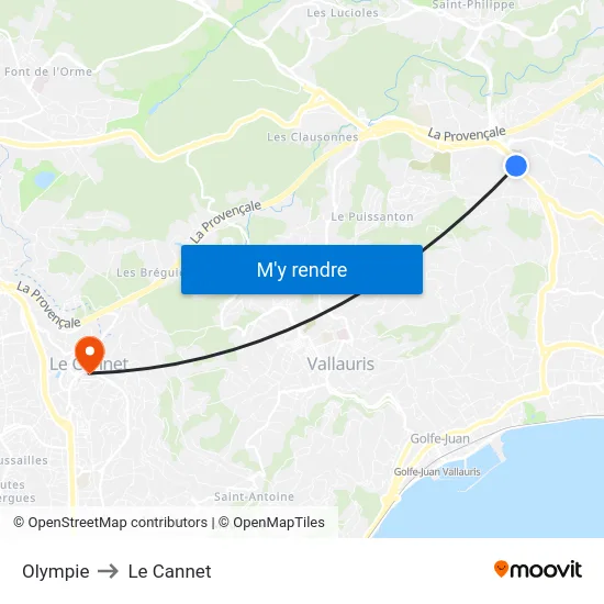 Olympie to Le Cannet map