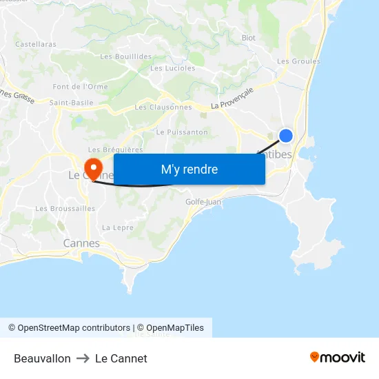 Beauvallon to Le Cannet map