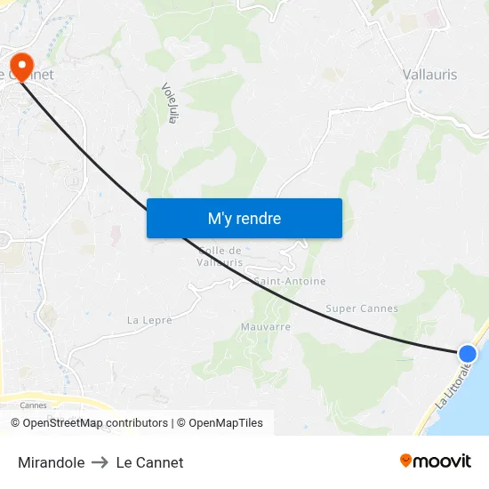 Mirandole to Le Cannet map