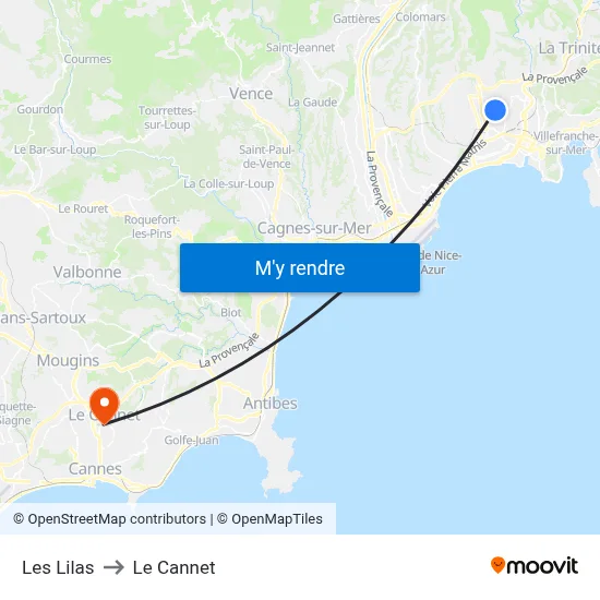 Les Lilas to Le Cannet map