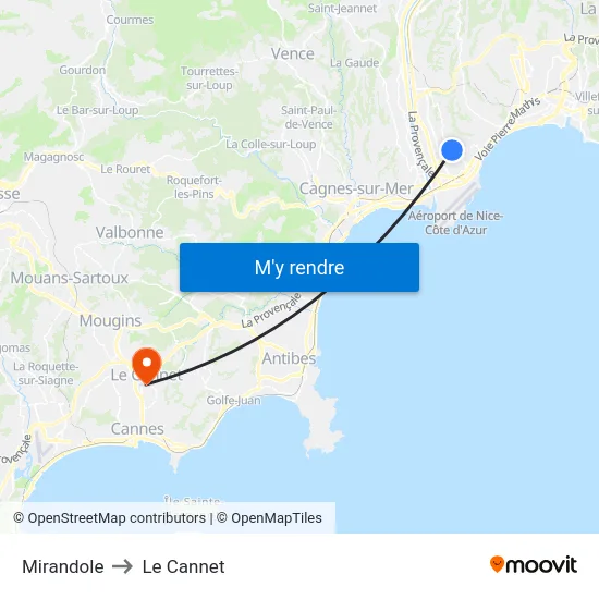 Mirandole to Le Cannet map