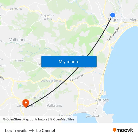Les Travails to Le Cannet map