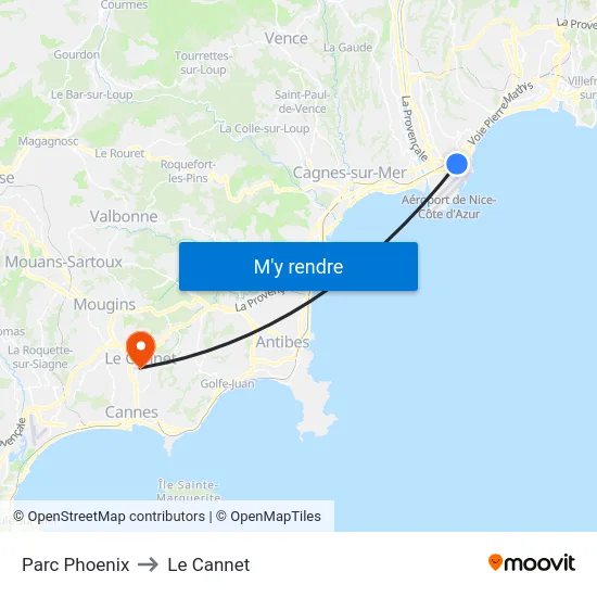 Parc Phoenix to Le Cannet map