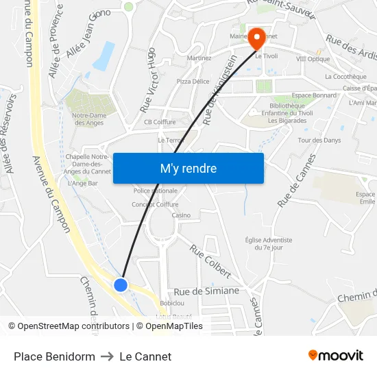 Place Benidorm to Le Cannet map