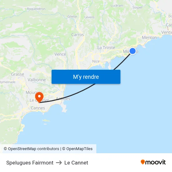 Spelugues Fairmont to Le Cannet map
