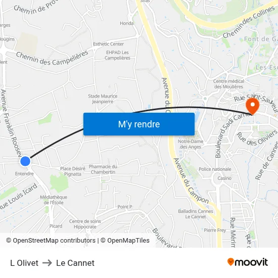 L'Olivet to Le Cannet map
