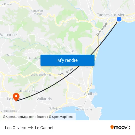 Les Oliviers to Le Cannet map