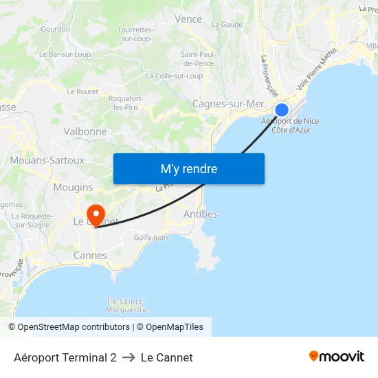 Aéroport Terminal 2 to Le Cannet map