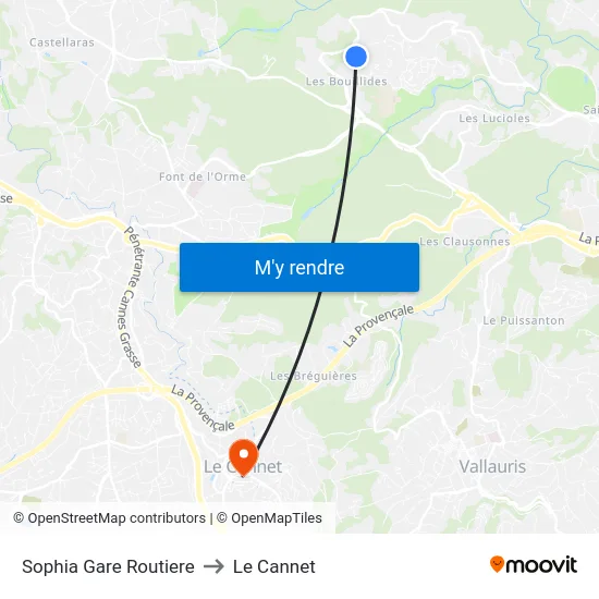 Sophia Gare Routiere to Le Cannet map
