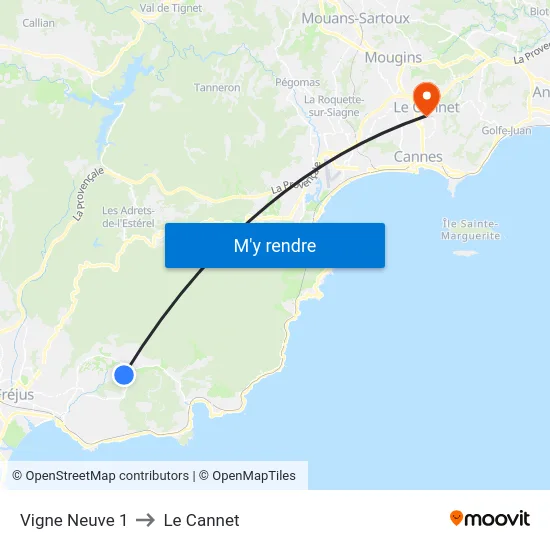 Vigne Neuve 1 to Le Cannet map