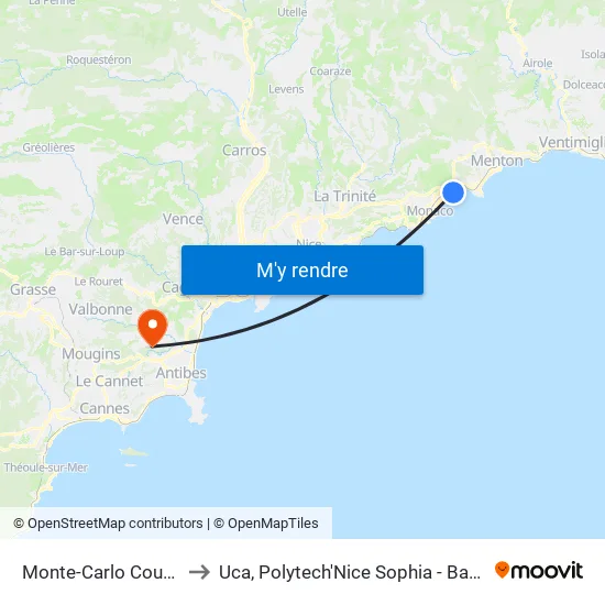 Monte-Carlo Country Club to Uca, Polytech'Nice Sophia - Bat. Templiers 1 map