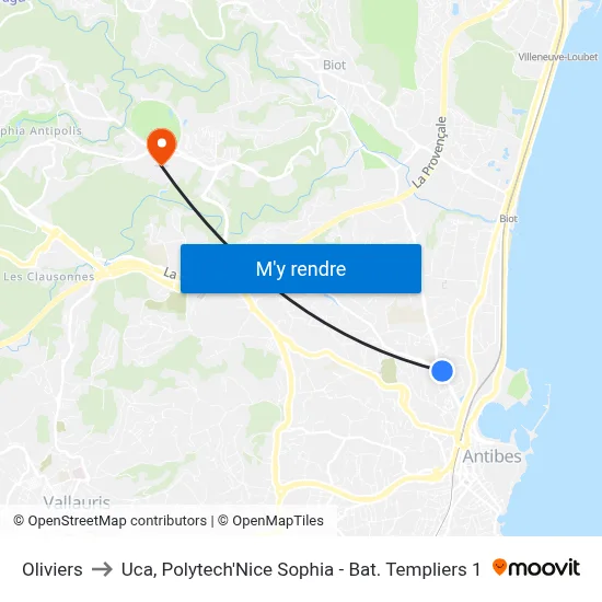 Oliviers to Uca, Polytech'Nice Sophia - Bat. Templiers 1 map