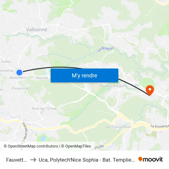 Fauvettes to Uca, Polytech'Nice Sophia - Bat. Templiers 1 map