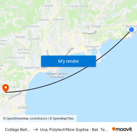 Collège Bellevue to Uca, Polytech'Nice Sophia - Bat. Templiers 1 map